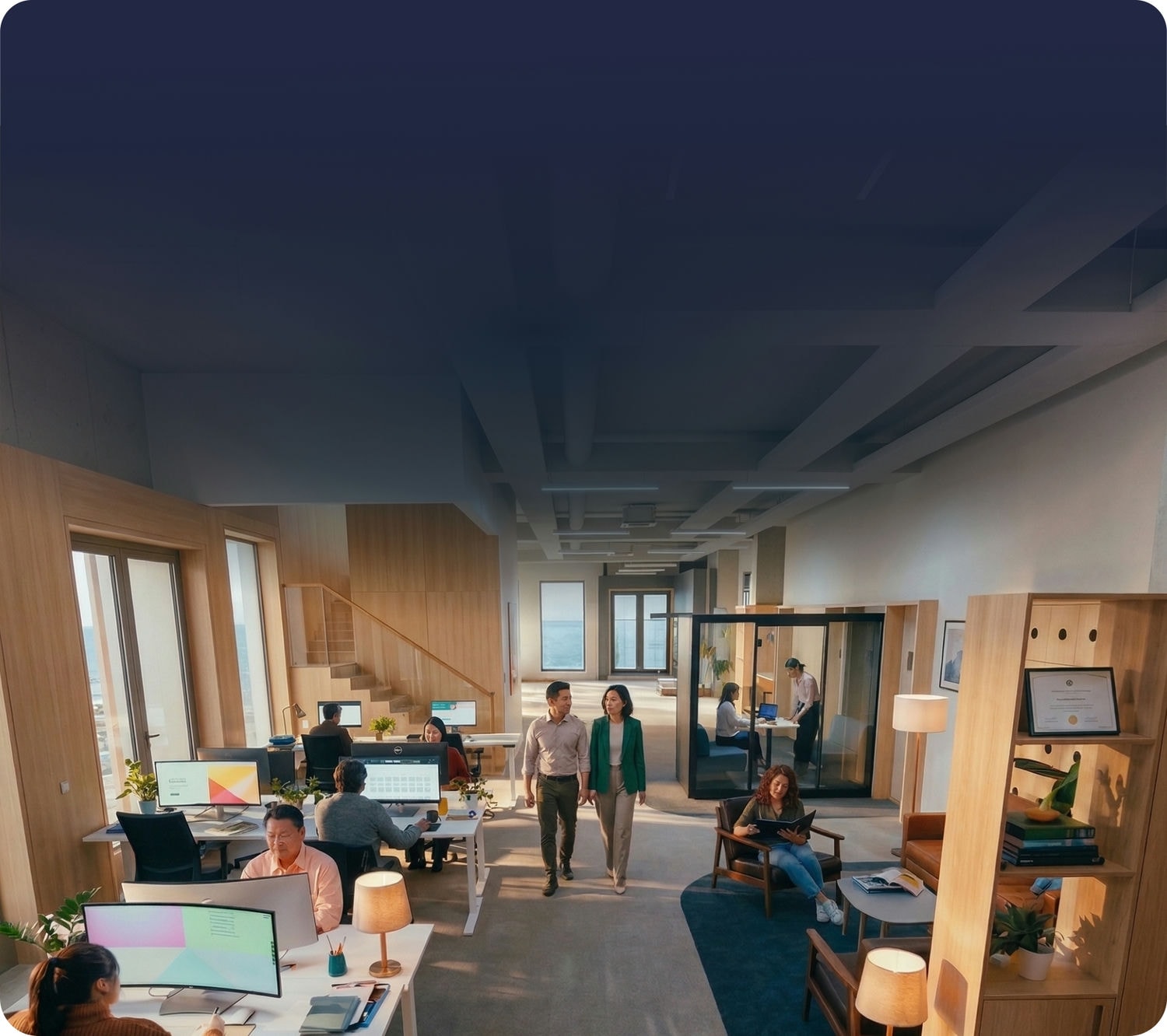 Professionals collaborating in a modern workplace